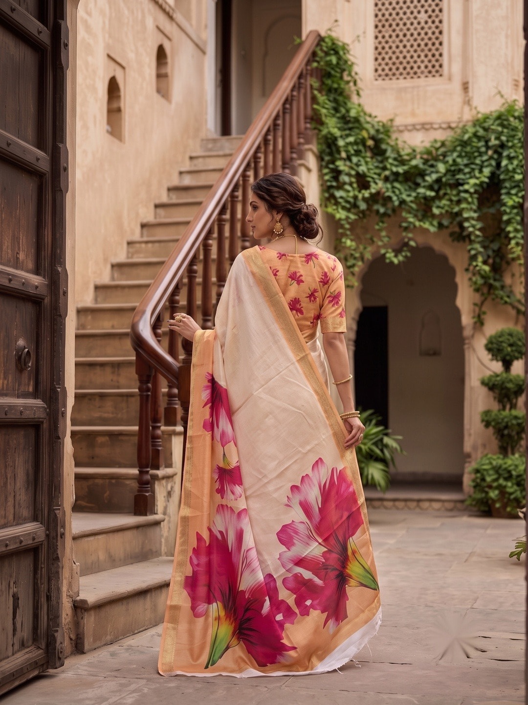 Peachmode Peach Moss Georgette Floral Printed Saree With Kasab Zari Jacquard Border - Image 4