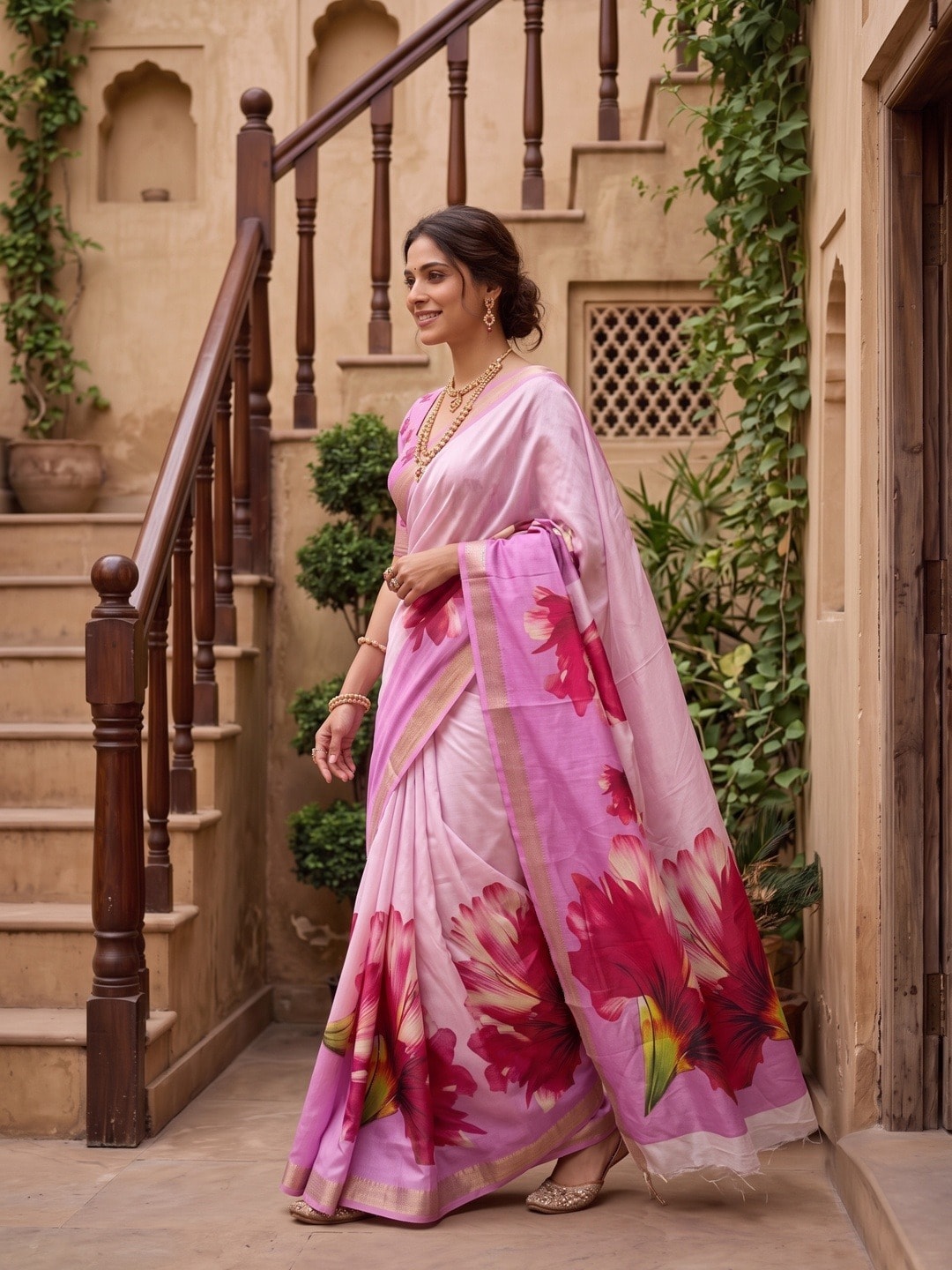 Peachmode Pink Moss Georgette Floral Printed Saree With Kasab Zari Jacquard Border - Image 2
