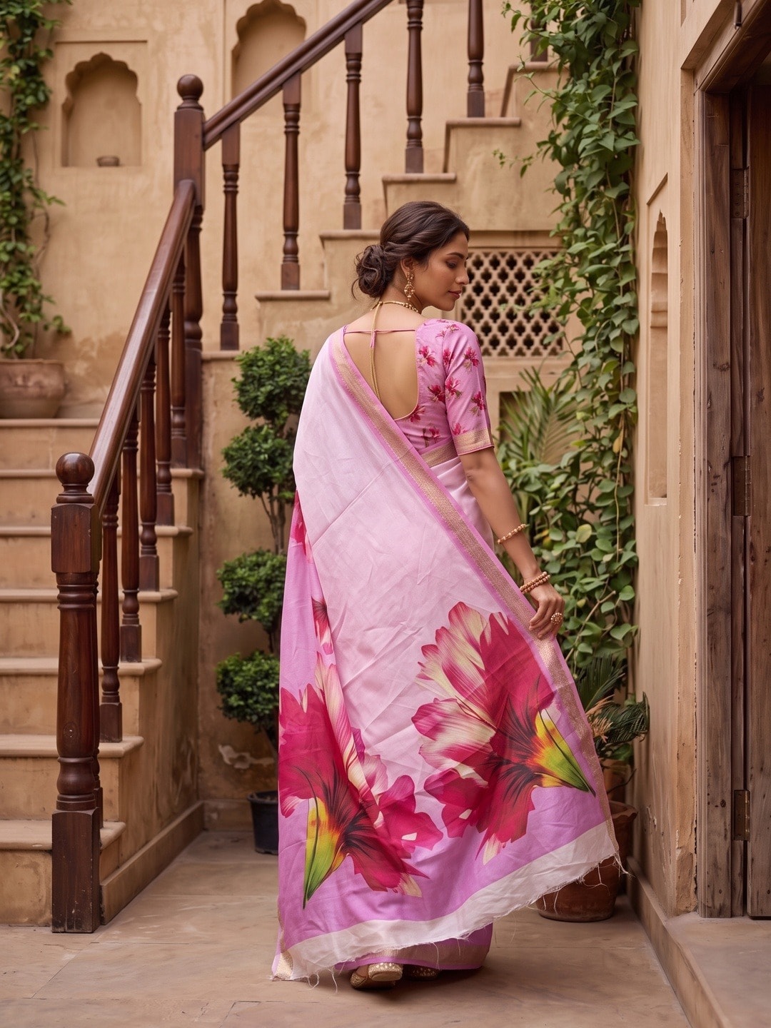 Peachmode Pink Moss Georgette Floral Printed Saree With Kasab Zari Jacquard Border - Image 4