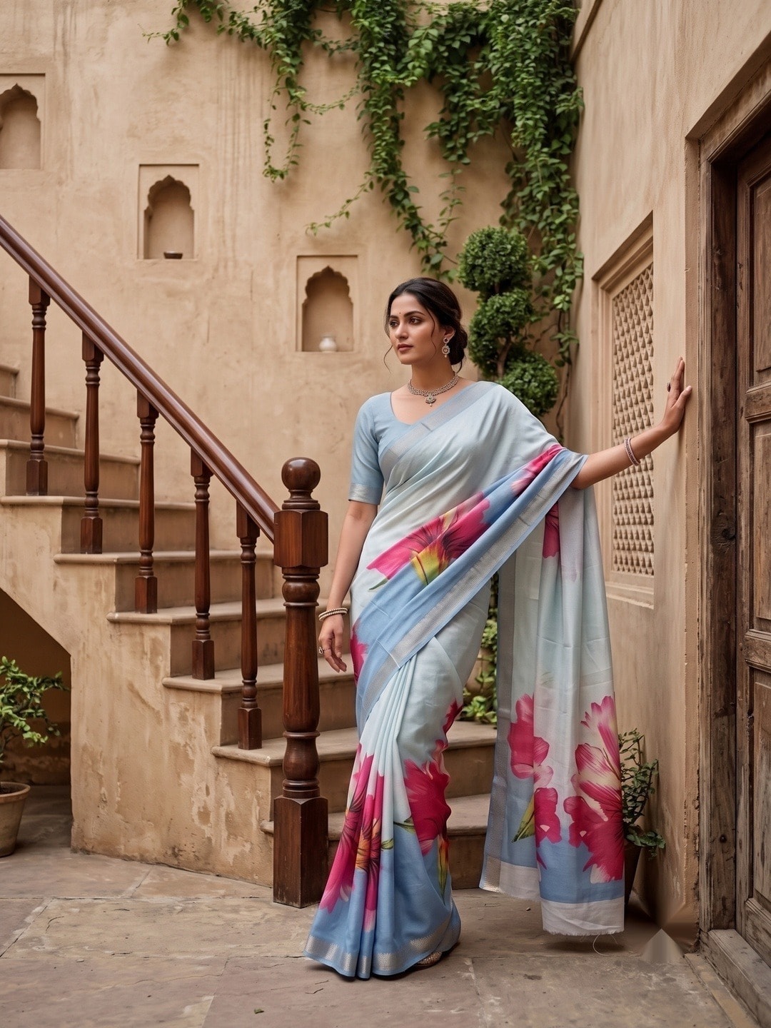 Peachmode Sky Blue Moss Georgette Floral Printed Saree With Kasab Zari Jacquard Border - Image 1
