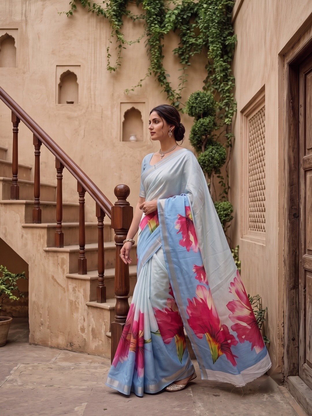 Peachmode Sky Blue Moss Georgette Floral Printed Saree With Kasab Zari Jacquard Border - Image 2