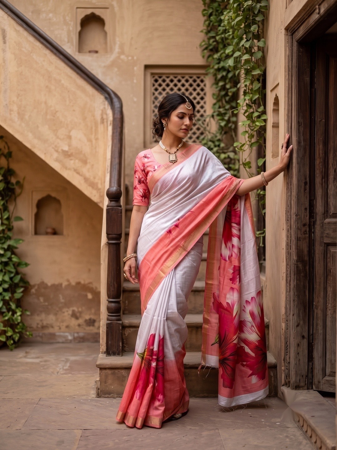 Peachmode White Moss Georgette Floral Printed Saree With Kasab Zari Jacquard Border - Image 1