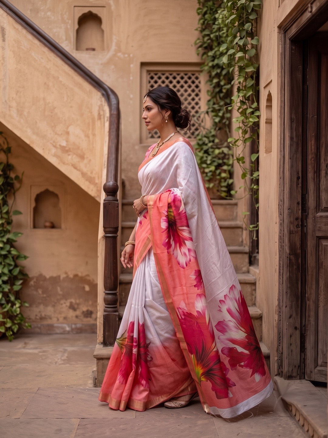 Peachmode White Moss Georgette Floral Printed Saree With Kasab Zari Jacquard Border - Image 2