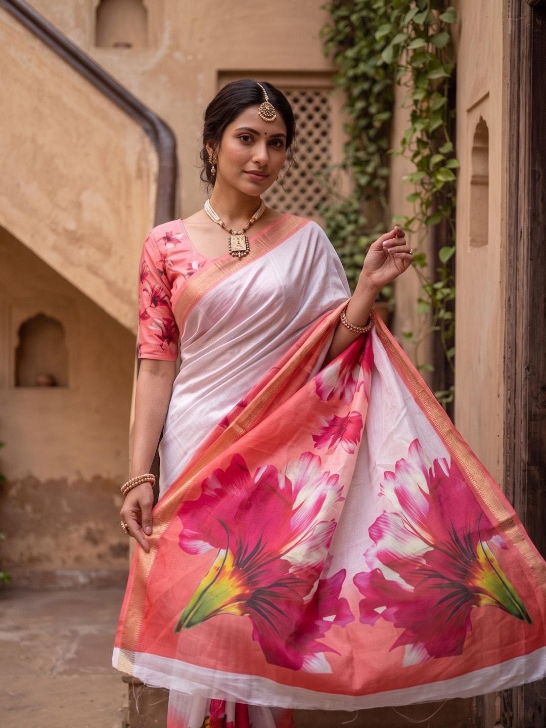 Peachmode White Moss Georgette Floral Printed Saree With Kasab Zari Jacquard Border - Image 3