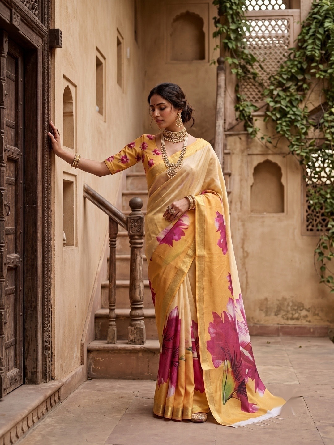 Peachmode Yellow Moss Georgette Floral Printed Saree With Kasab Zari Jacquard Border - Image 1