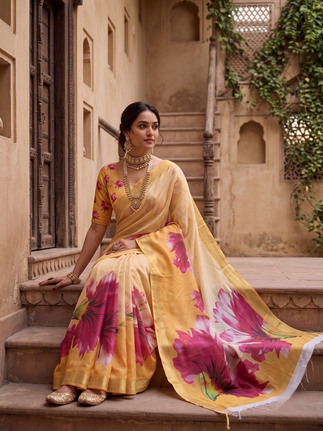 Peachmode Yellow Moss Georgette Floral Printed Saree With Kasab Zari Jacquard Border - Image 5
