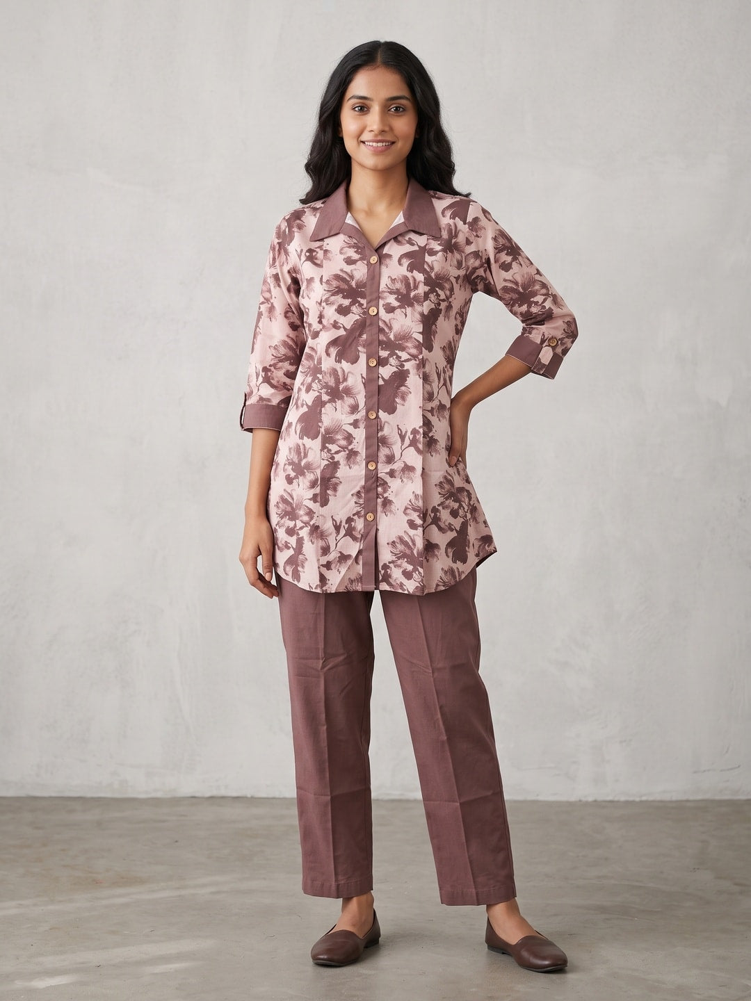 Peachmode Brown Pure Cotton Floral Printed Co-ord Set - Image 1
