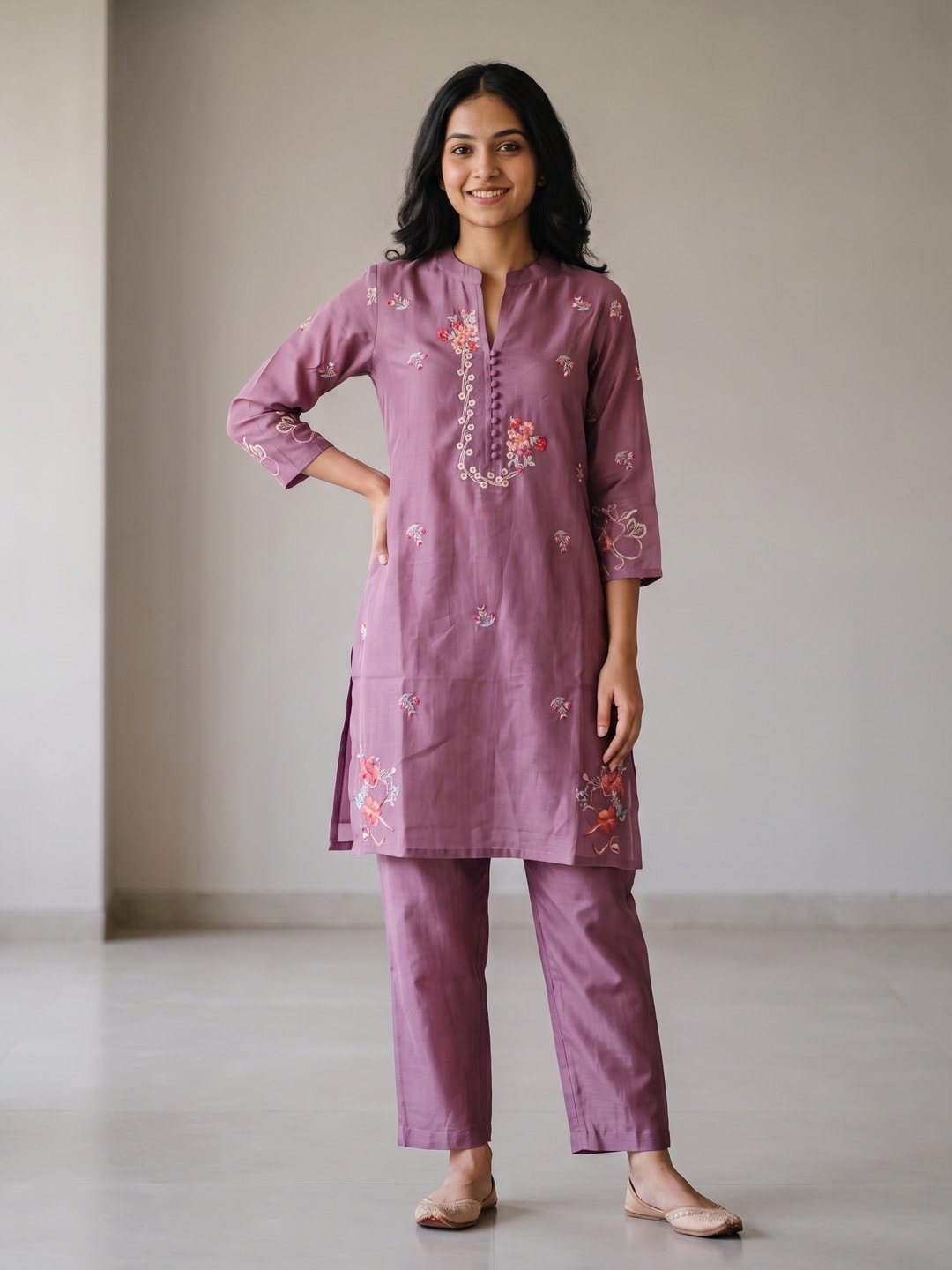 Peachmode Onion Chanderi Silk Floral Embroidered Co-ord Set - Image 1