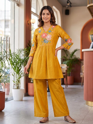 Peachmode Mustard Chanderi Silk Embroidered Co-ord Set - Image 1
