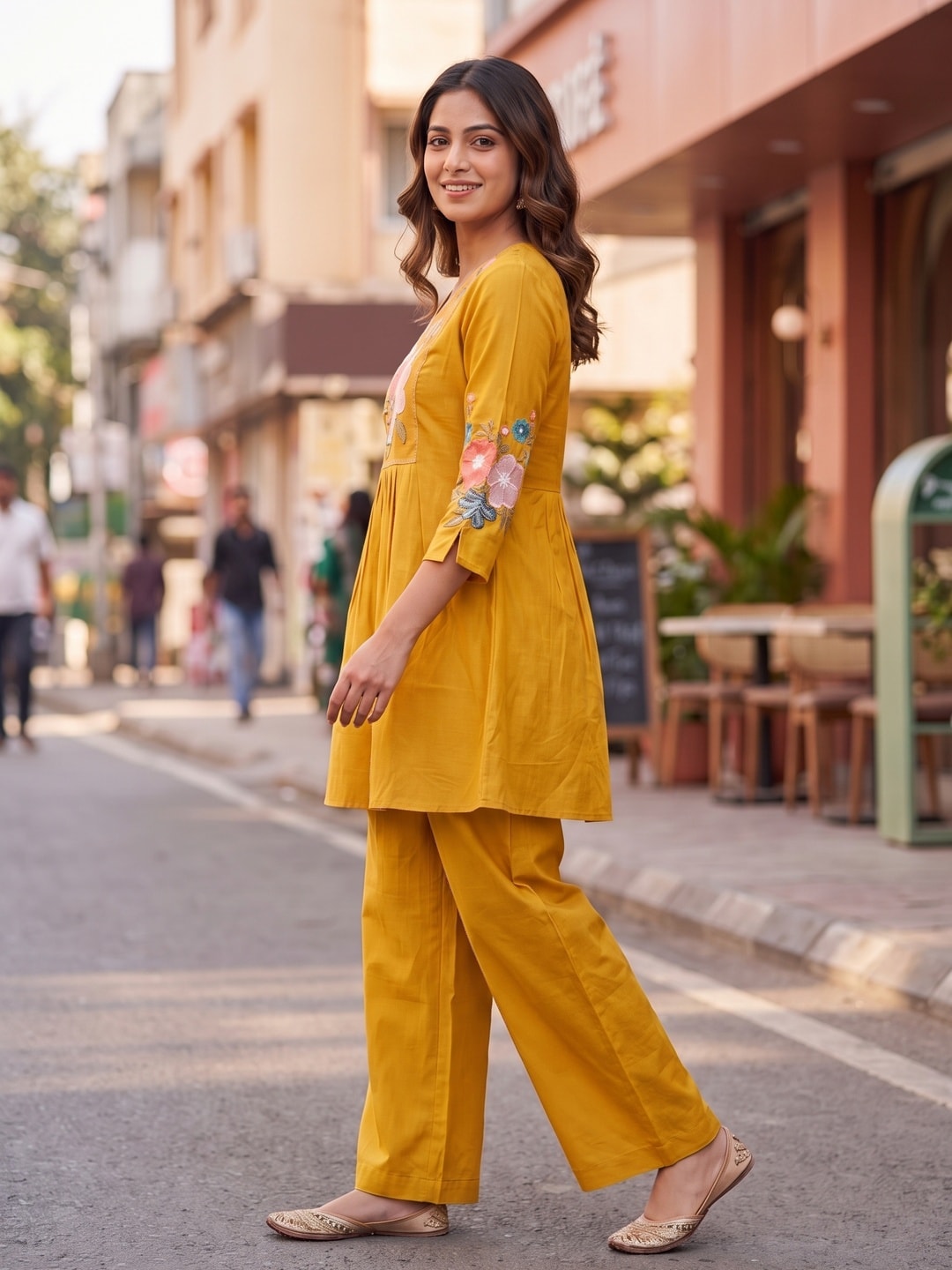 Peachmode Mustard Chanderi Silk Embroidered Co-ord Set - Image 3