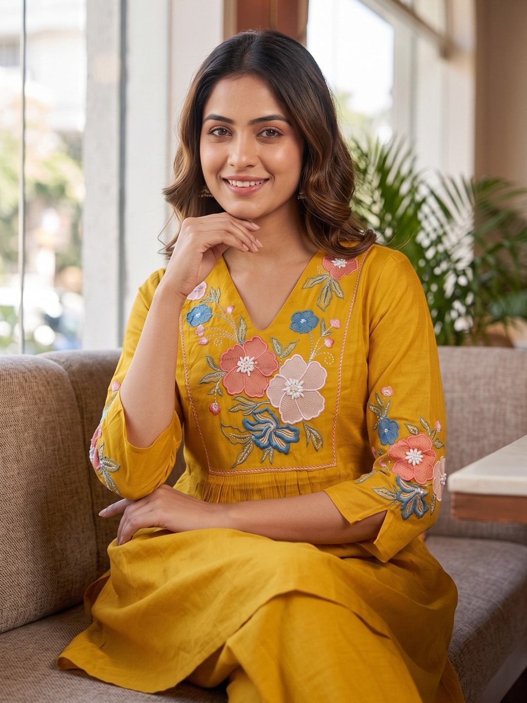 Peachmode Mustard Chanderi Silk Embroidered Co-ord Set - Image 5