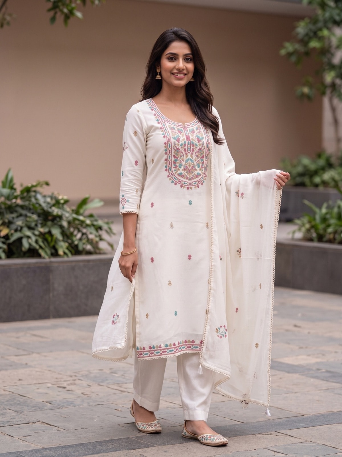 Peachmode White Vichitra Silk Unstitched Dress Material With Rose Floral Yoke Embroidery And Gota Lace Dupatta - Image 3