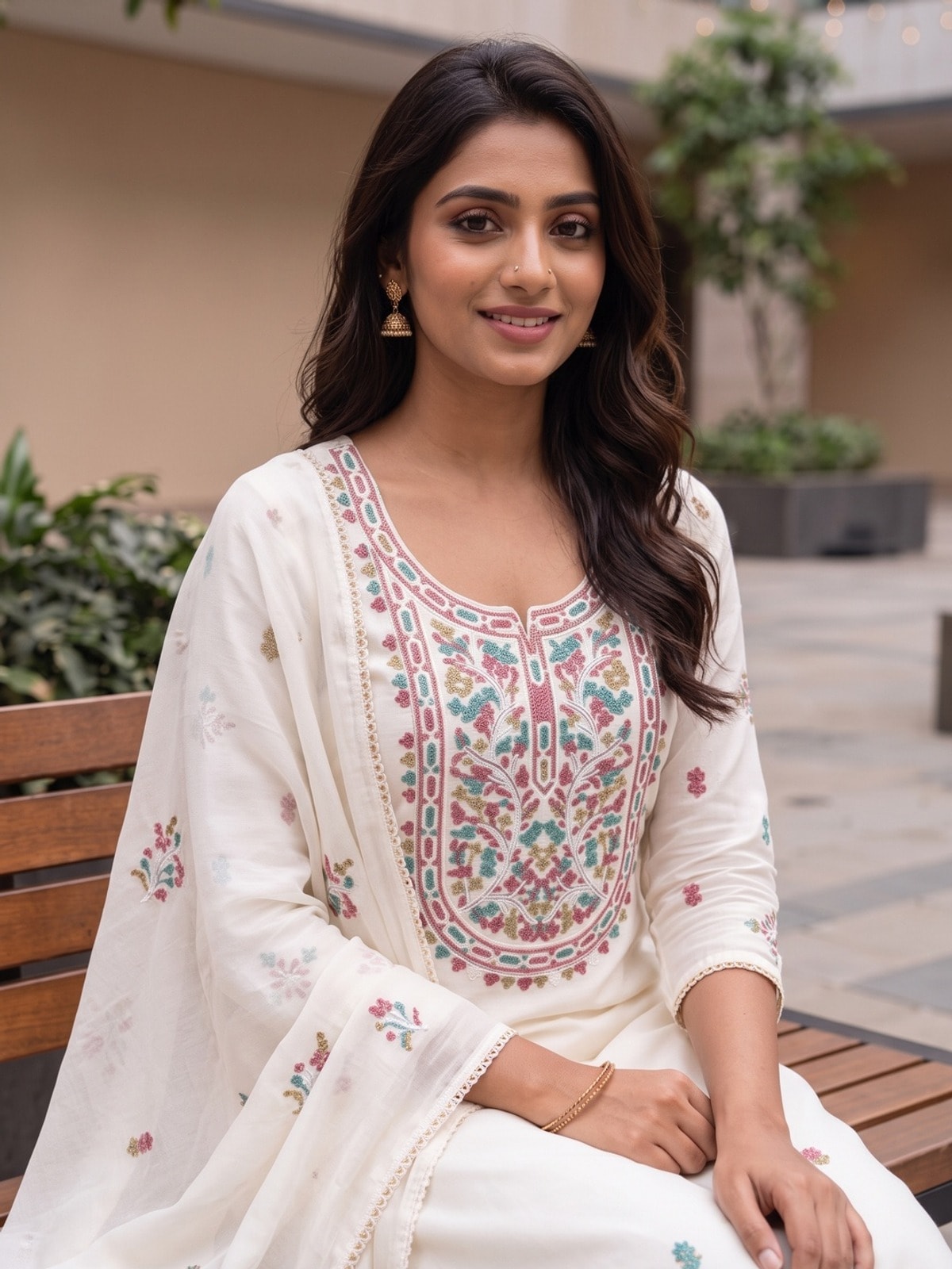 Peachmode White Vichitra Silk Unstitched Dress Material With Rose Floral Yoke Embroidery And Gota Lace Dupatta - Image 4