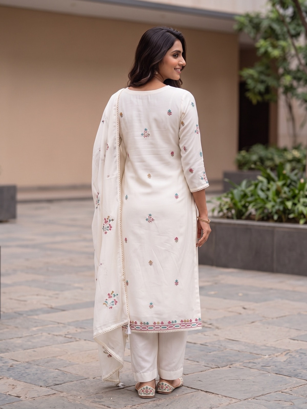 Peachmode White Vichitra Silk Unstitched Dress Material With Rose Floral Yoke Embroidery And Gota Lace Dupatta - Image 5