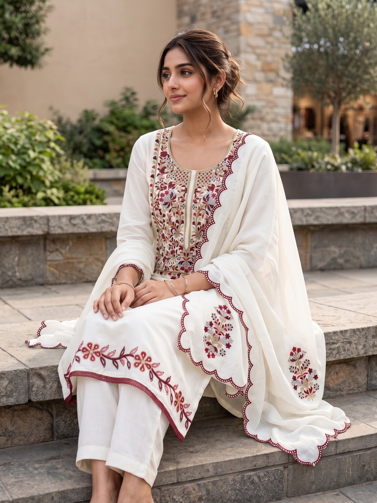 Peachmode White Vichitra Silk Unstitched Dress Material With Maroon Floral Panel Embroidery And Scalloped Cutwork Dupatta - Image 2