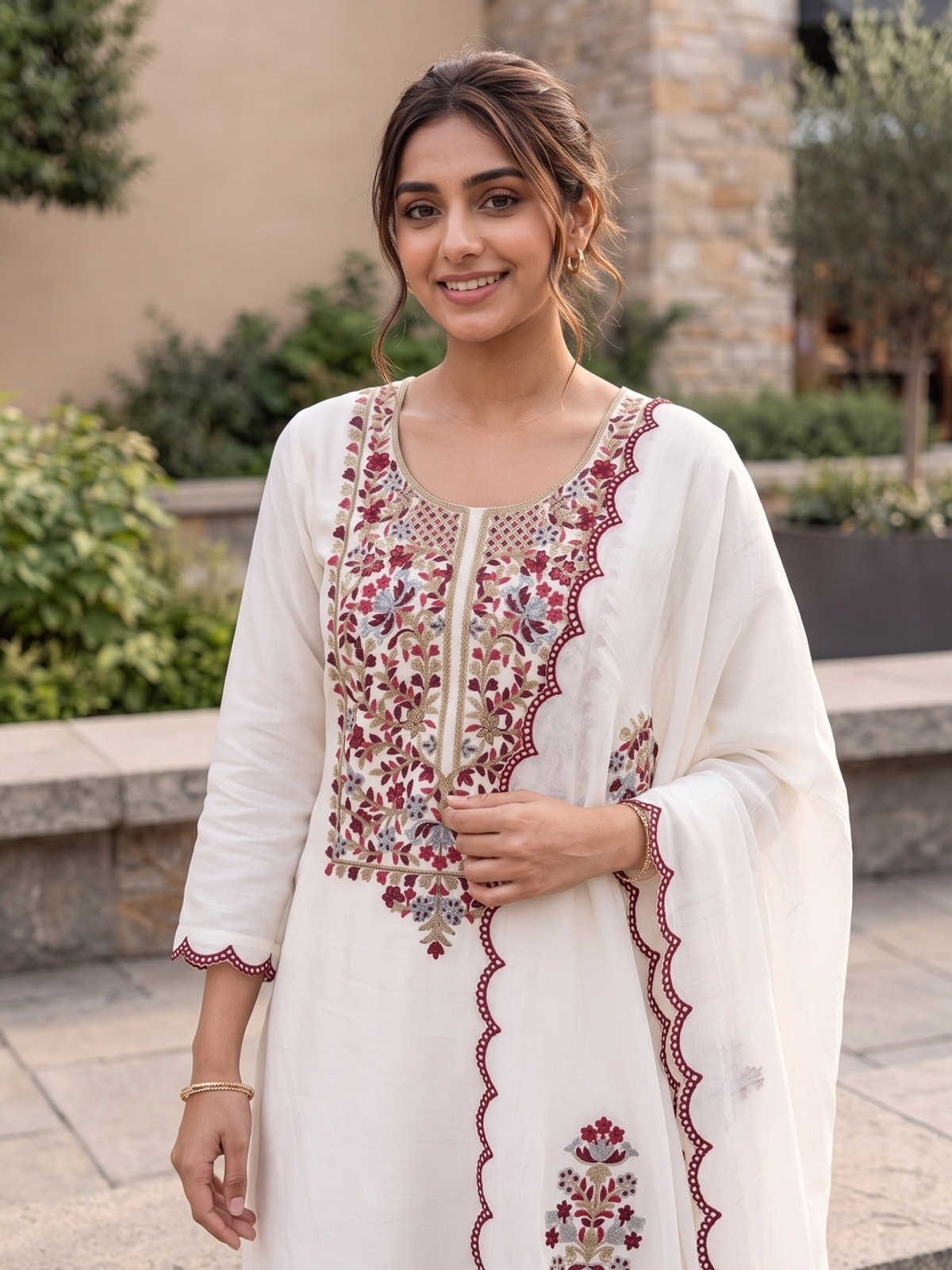Peachmode White Vichitra Silk Unstitched Dress Material With Maroon Floral Panel Embroidery And Scalloped Cutwork Dupatta - Image 4