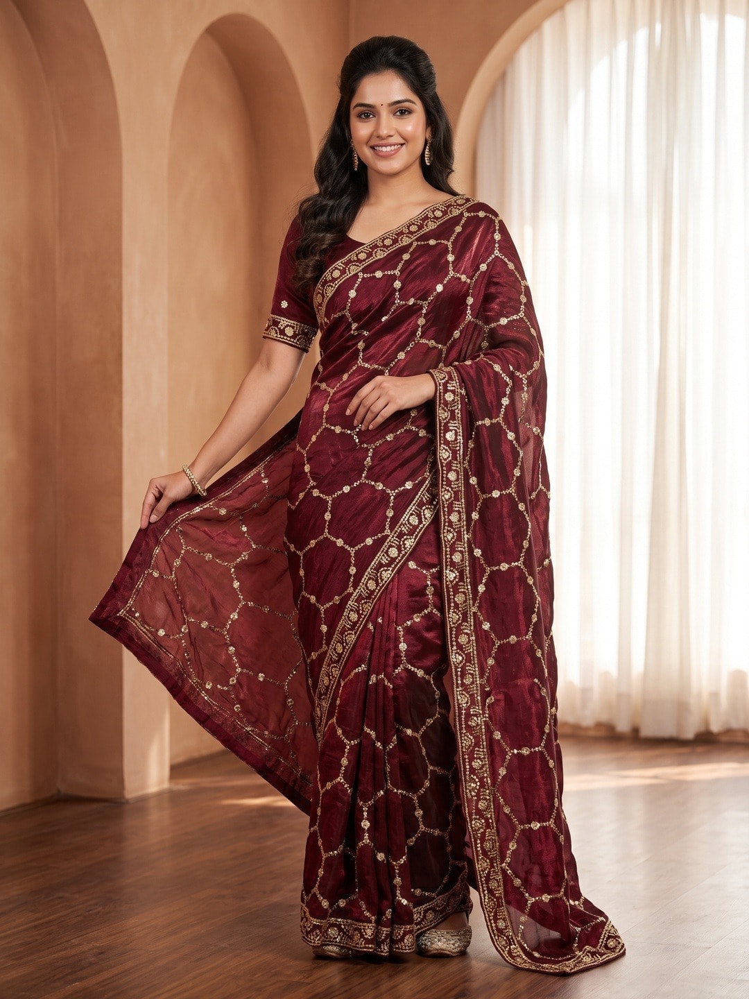 Peachmode Maroon Fendy Satin Sequins Embellished Saree - Image 1