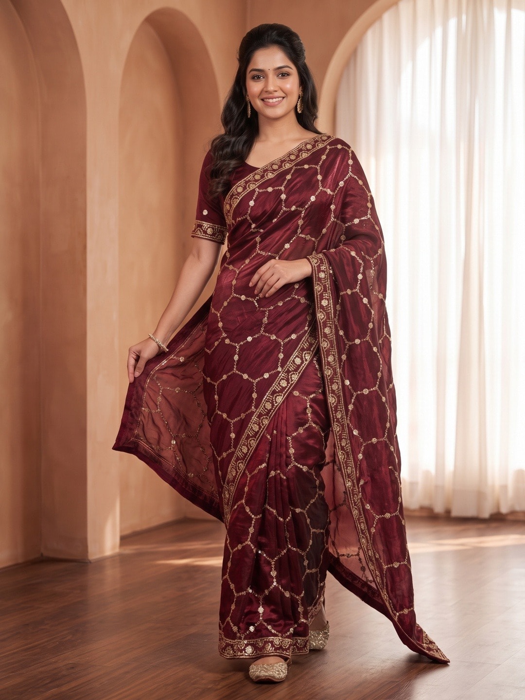 Peachmode Maroon Fendy Satin Sequins Embellished Saree - Image 5