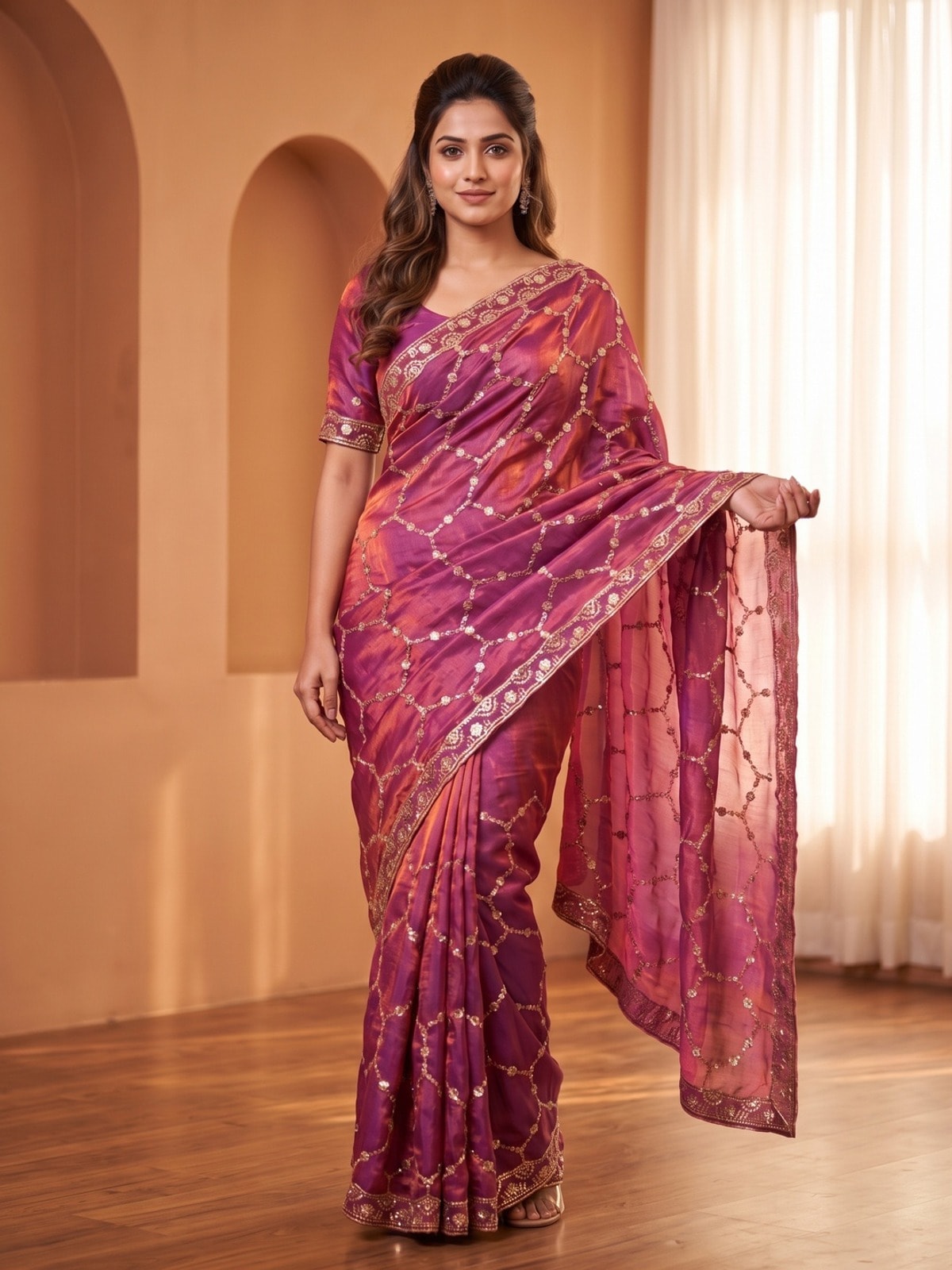 Peachmode Magenta Fendy Satin Sequins Embellished Saree - Image 1