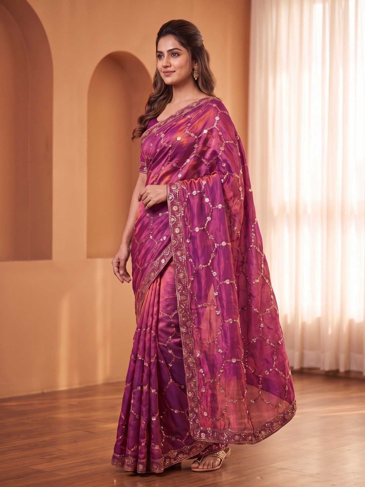 Peachmode Magenta Fendy Satin Sequins Embellished Saree - Image 4