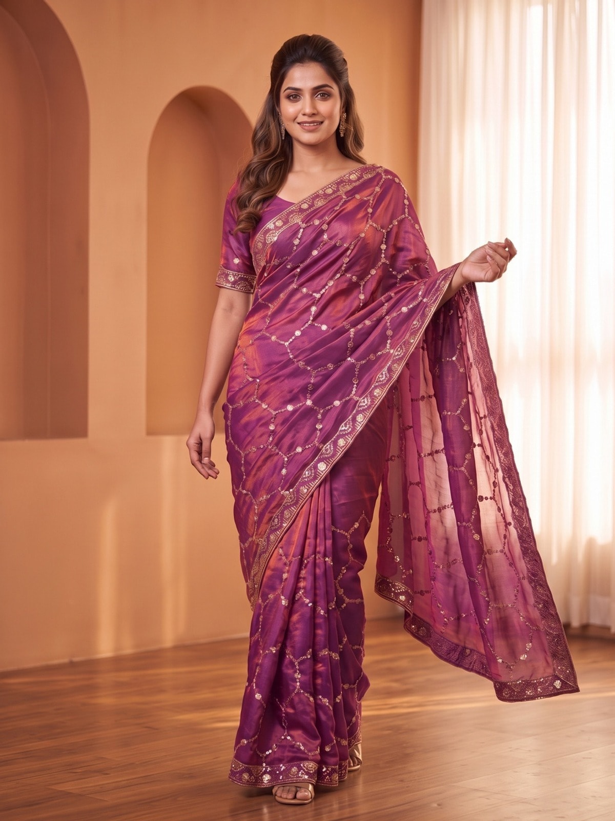 Peachmode Magenta Fendy Satin Sequins Embellished Saree - Image 5