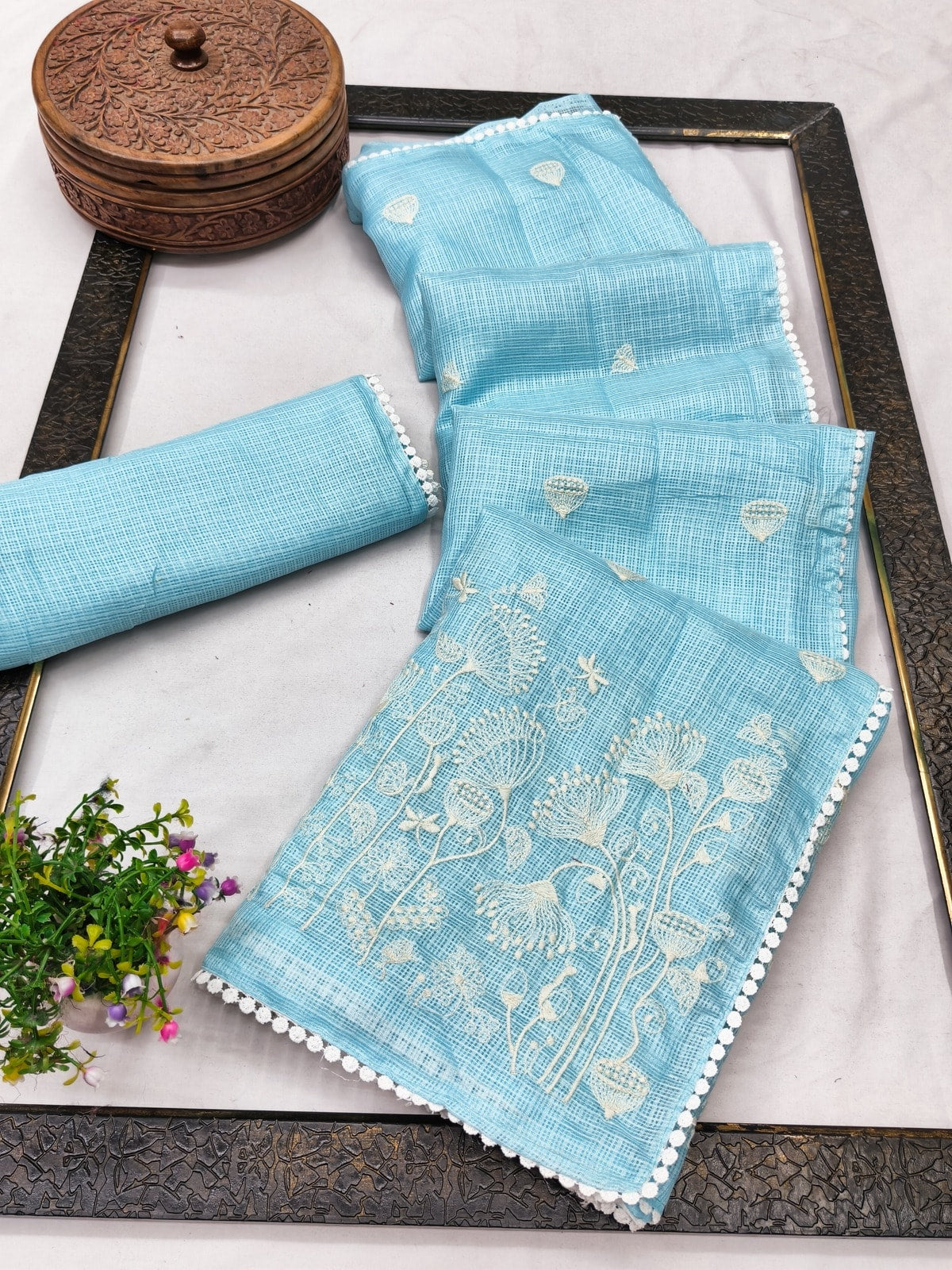 Peachmode Sky Blue Kota Doria Check Saree With Thread Embroidery And Pom Pom Lace Border - Image 2
