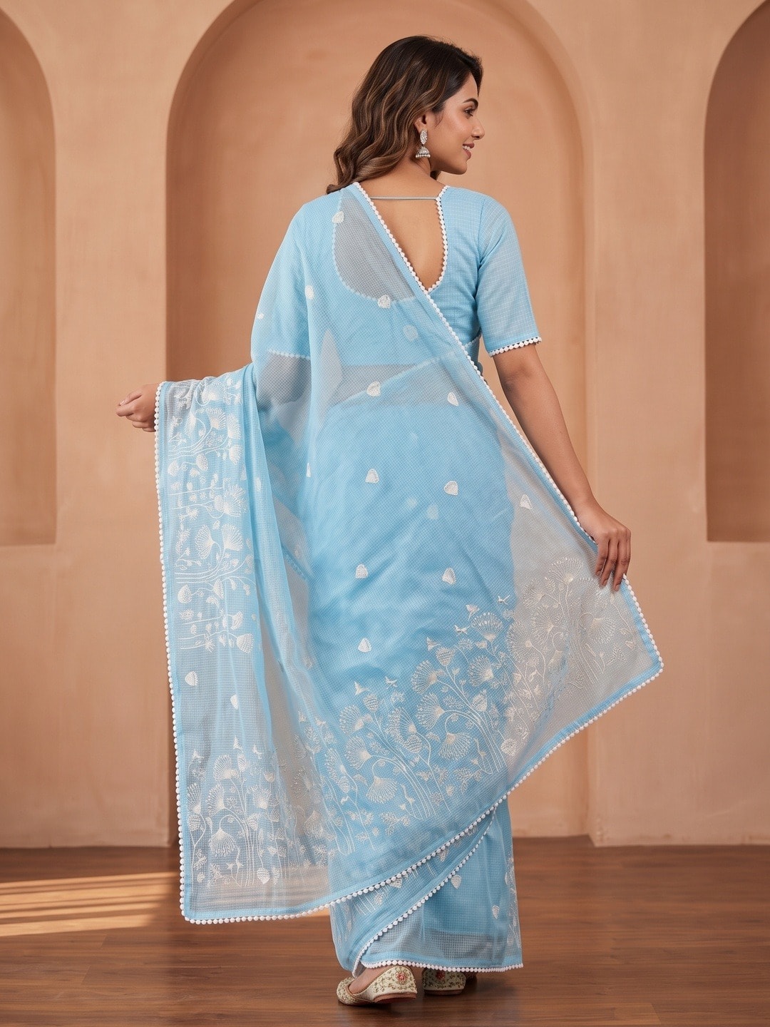 Peachmode Sky Blue Kota Doria Check Saree With Thread Embroidery And Pom Pom Lace Border - Image 3