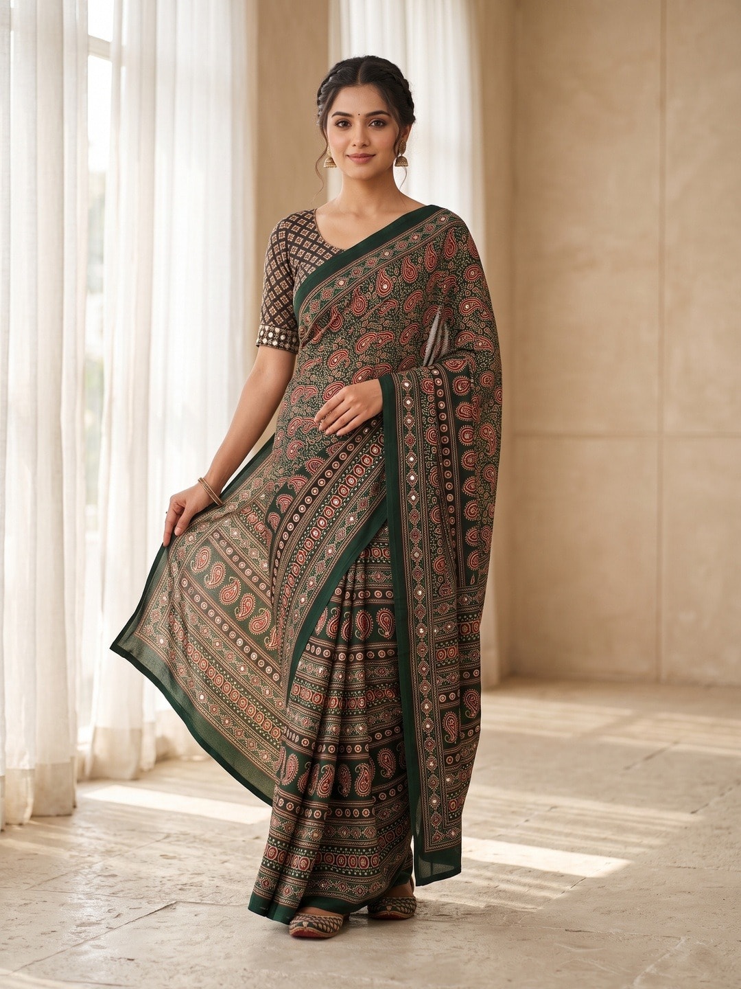 Peachmode Bottle Green Ajrakh Digital Printed Crepe Saree With Mirror Work - Image 1
