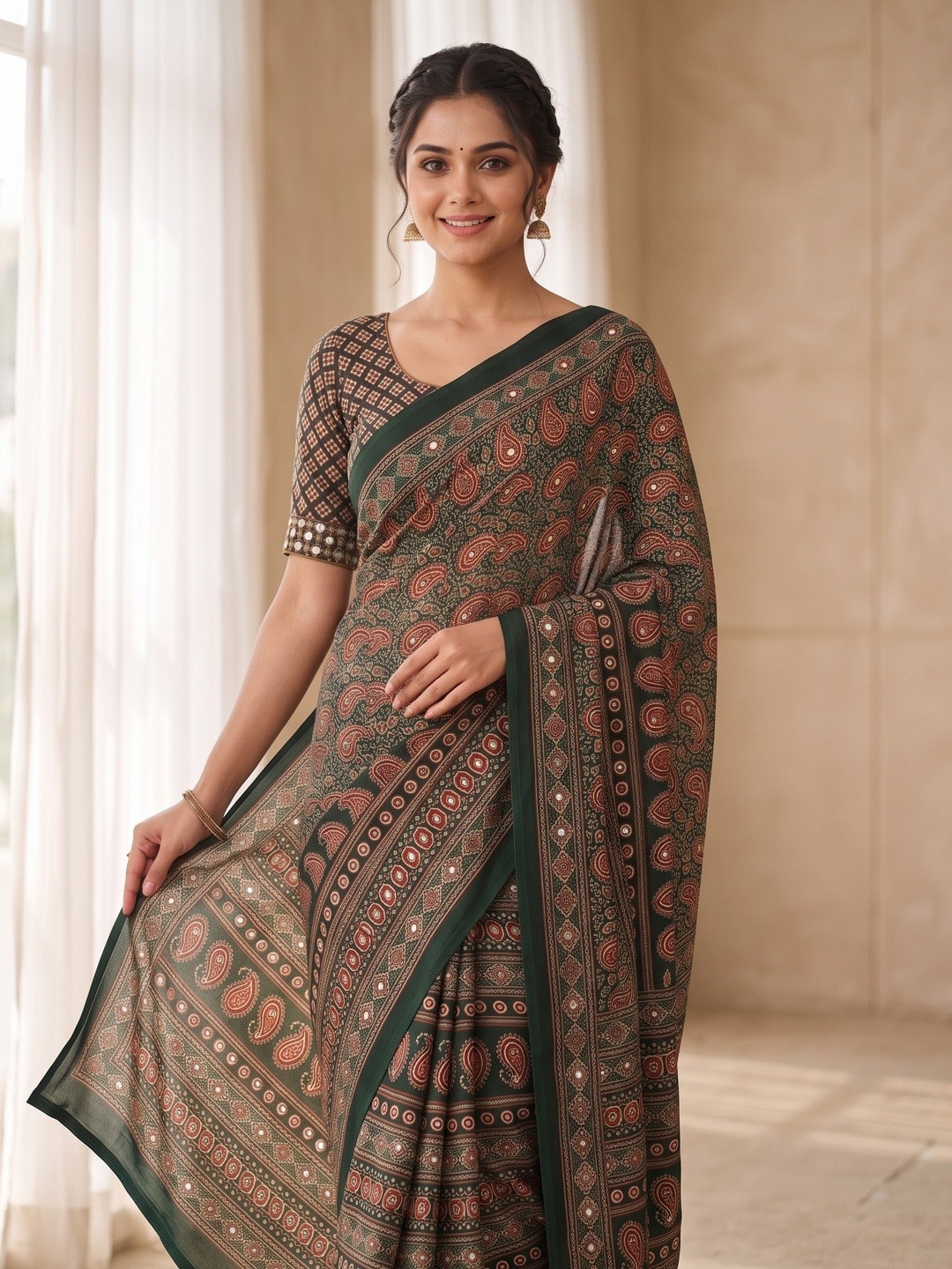 Peachmode Bottle Green Ajrakh Digital Printed Crepe Saree With Mirror Work - Image 3