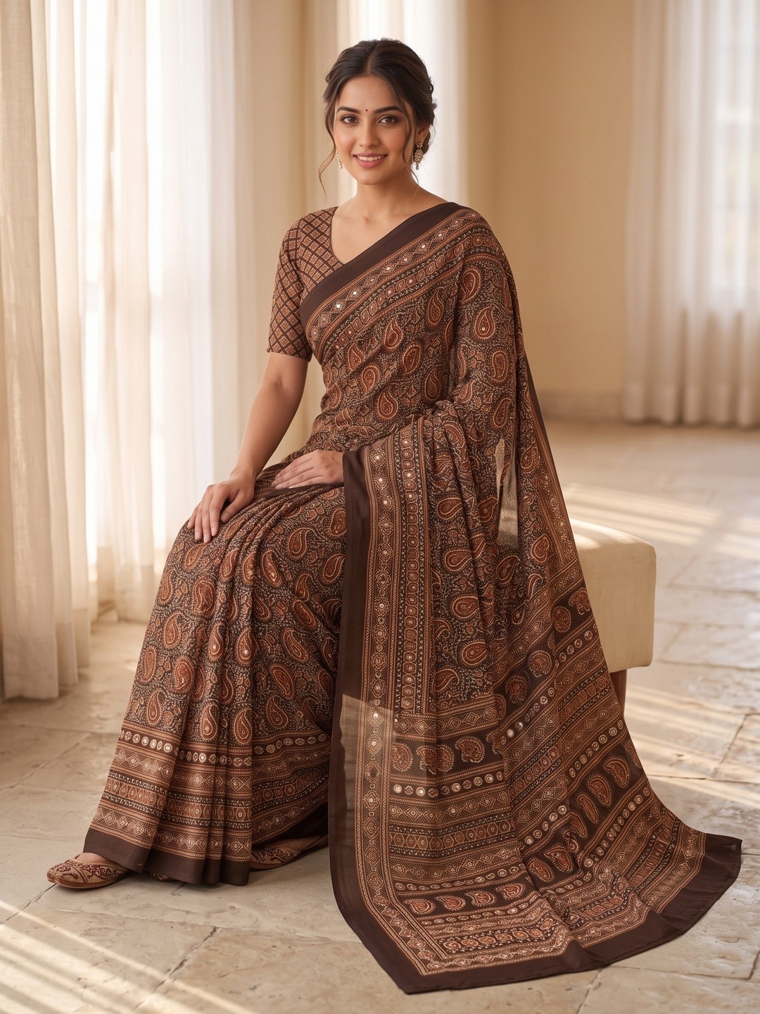 Peachmode Coffee Ajrakh Digital Printed Crepe Saree With Mirror Work - Image 5