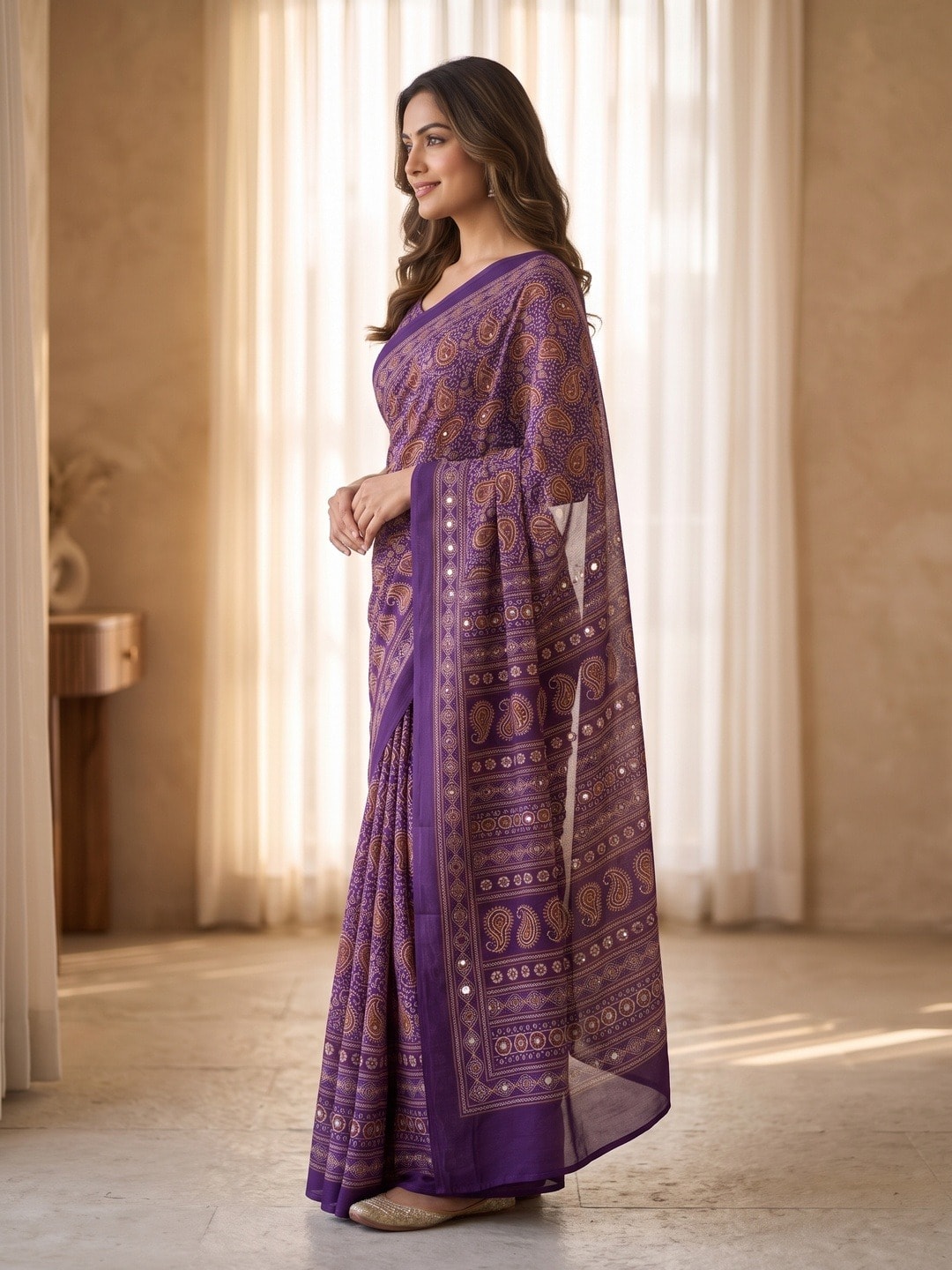Peachmode Purple Ajrakh Digital Printed Crepe Saree With Mirror Work - Image 2