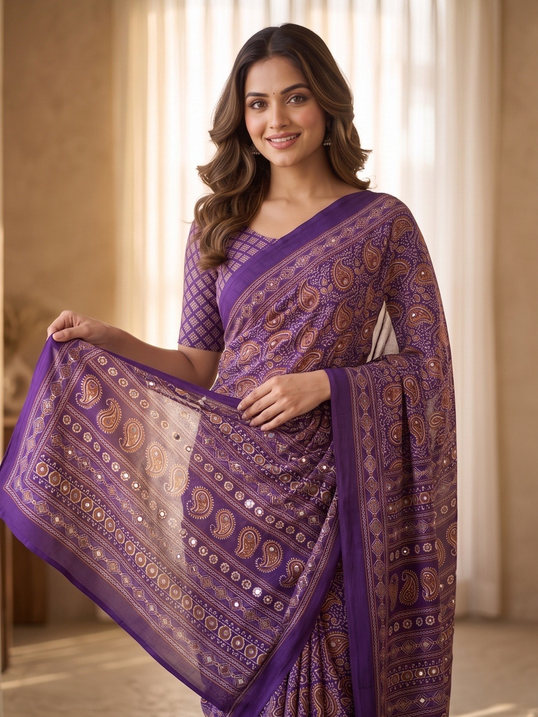 Peachmode Purple Ajrakh Digital Printed Crepe Saree With Mirror Work - Image 3