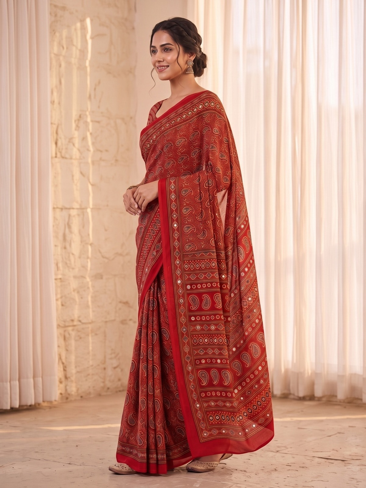 Peachmode Red Ajrakh Digital Printed Crepe Saree With Mirror Work - Image 2