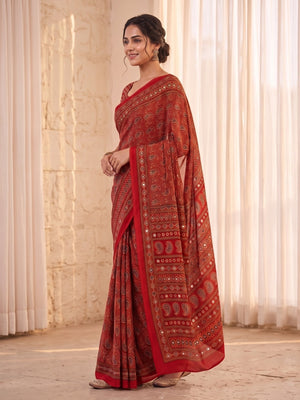 Peachmode Red Ajrakh Digital Printed Crepe Saree With Mirror Work - Image 2