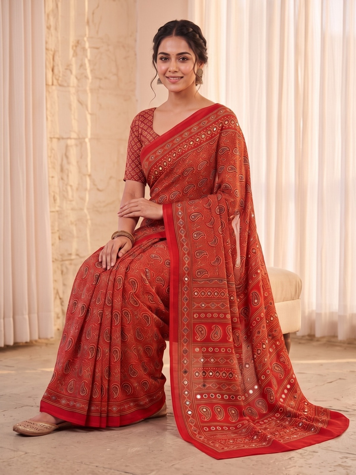 Peachmode Red Ajrakh Digital Printed Crepe Saree With Mirror Work - Image 5