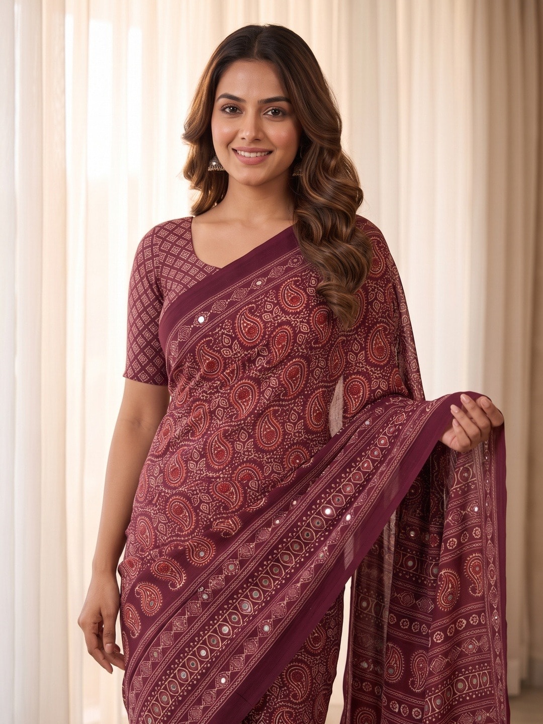 Peachmode Wine Ajrakh Digital Printed Crepe Saree With Mirror Work - Image 3