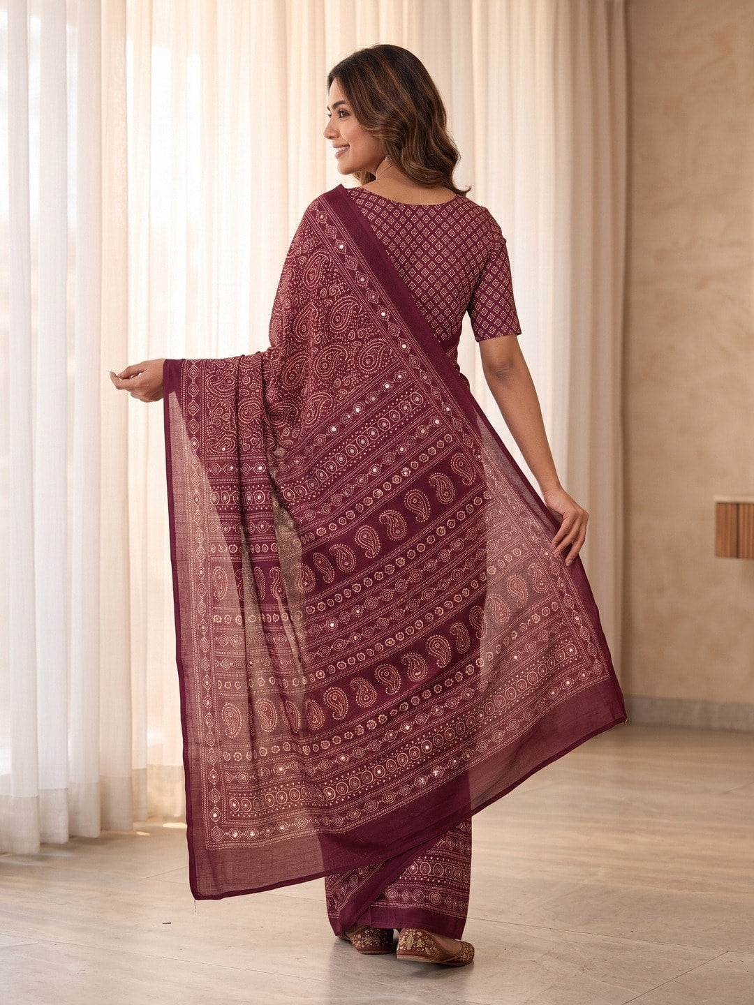 Peachmode Wine Ajrakh Digital Printed Crepe Saree With Mirror Work - Image 4