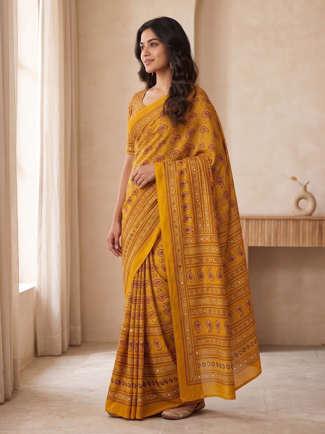 Peachmode Yellow Ajrakh Digital Printed Crepe Saree With Mirror Work - Image 2
