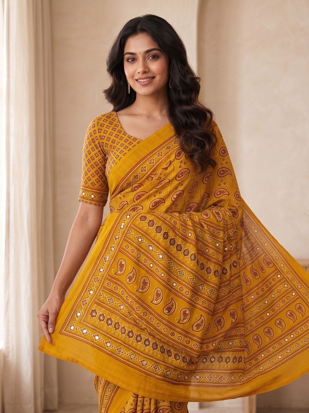 Peachmode Yellow Ajrakh Digital Printed Crepe Saree With Mirror Work - Image 3