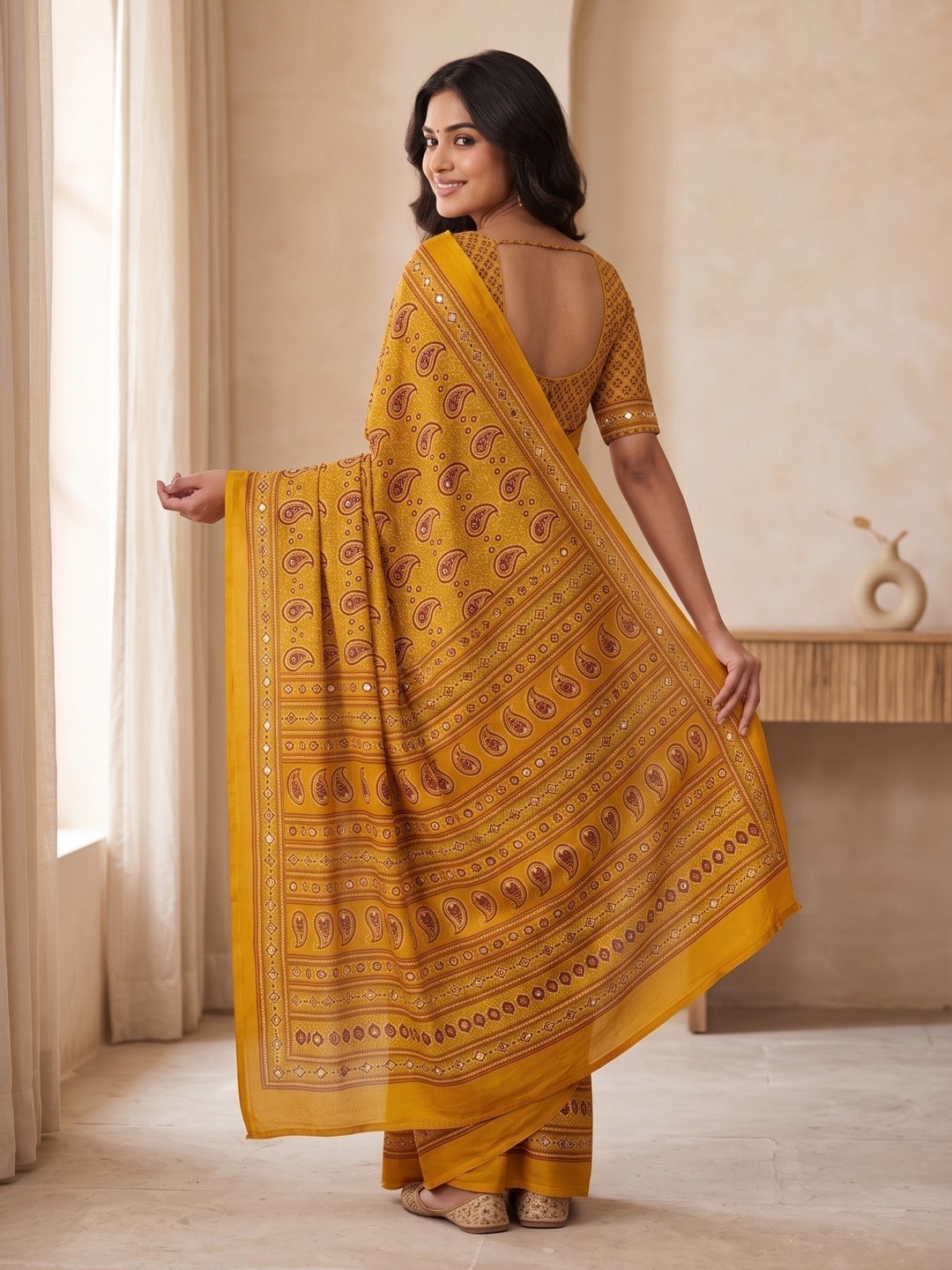 Peachmode Yellow Ajrakh Digital Printed Crepe Saree With Mirror Work - Image 4