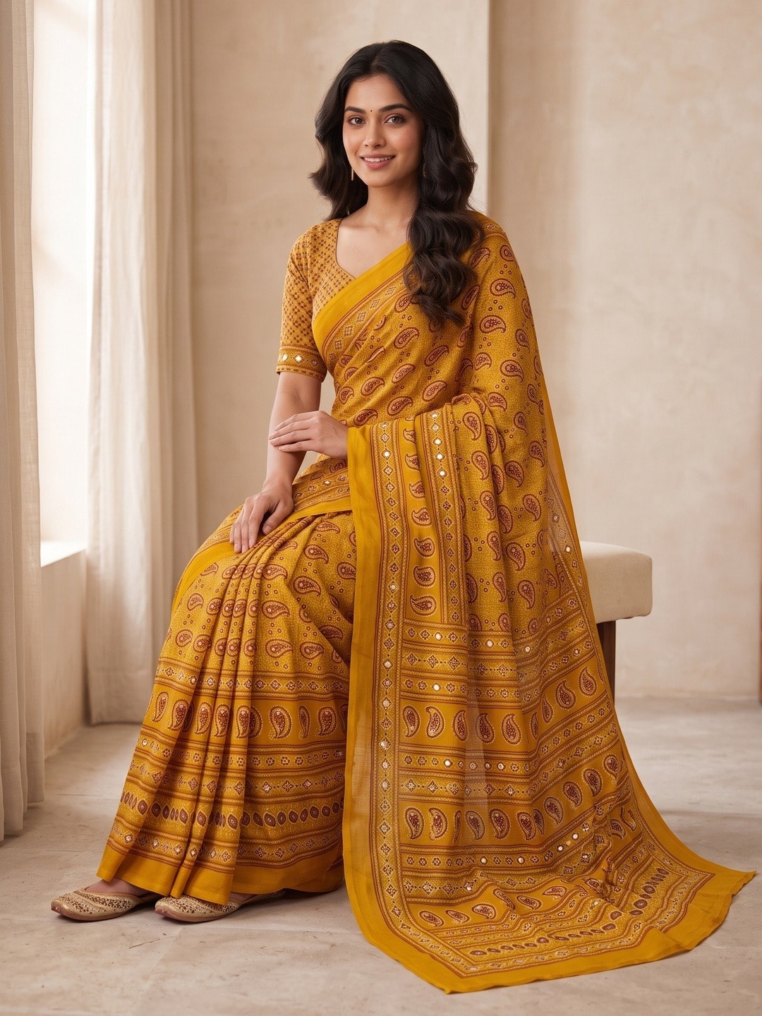 Peachmode Yellow Ajrakh Digital Printed Crepe Saree With Mirror Work - Image 5