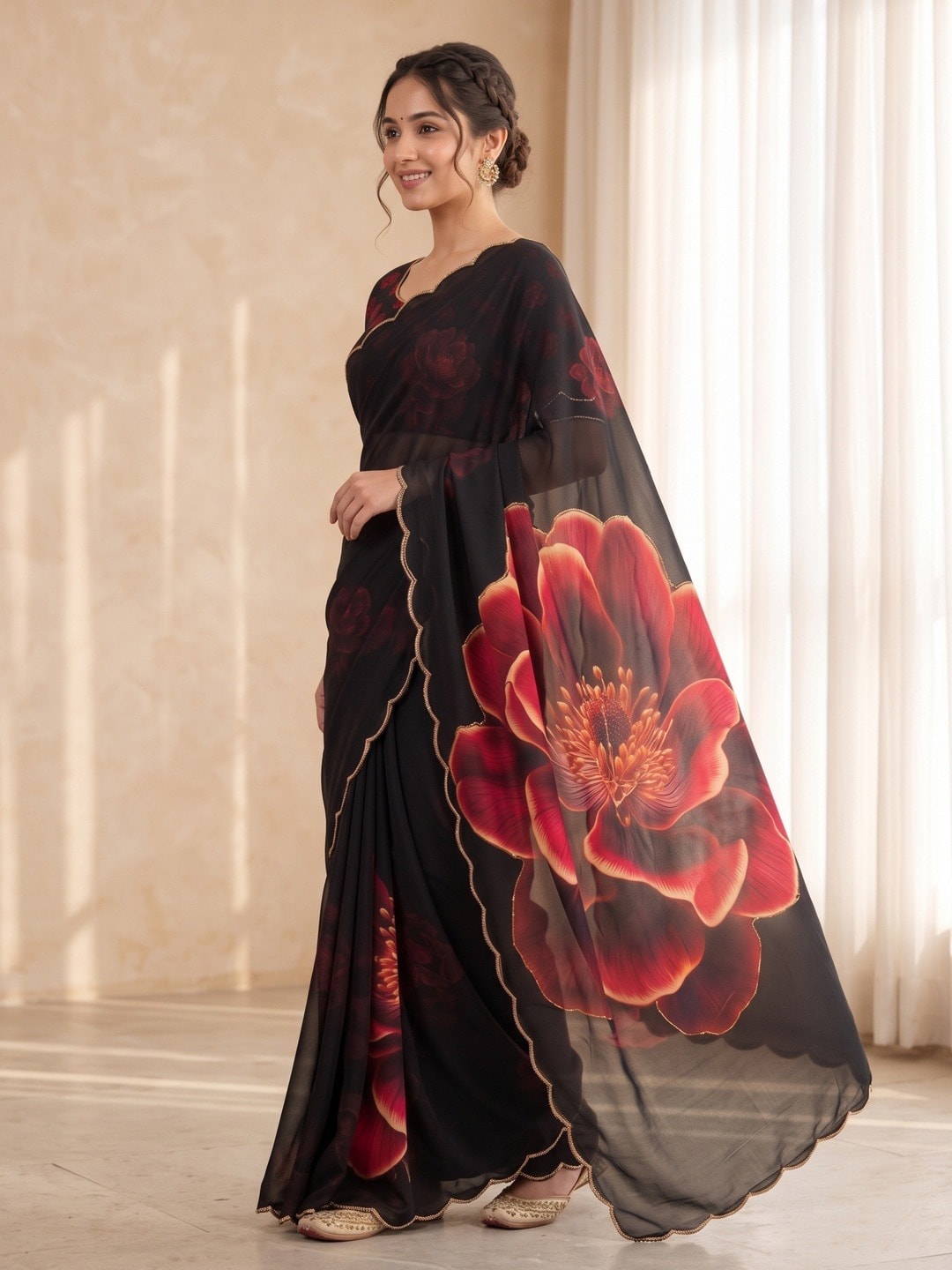 Peachmode Black Red Rose Weightless Georgette Digital Printed Saree With Cut Dana Work - Image 2
