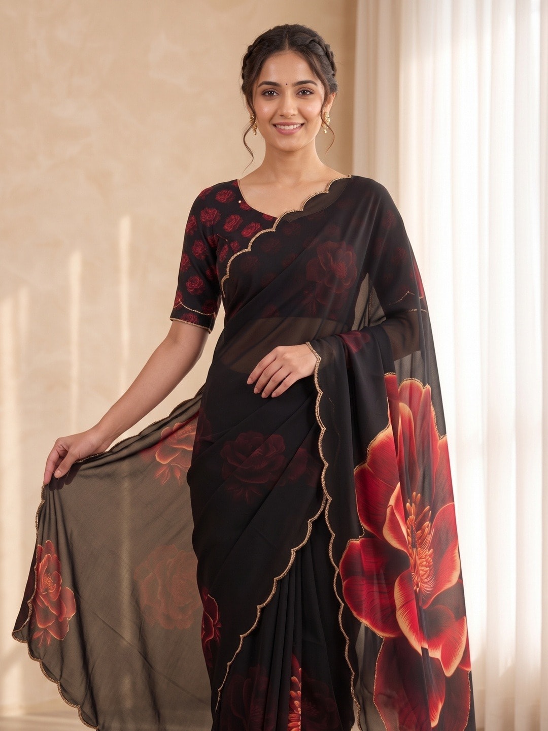Peachmode Black Red Rose Weightless Georgette Digital Printed Saree With Cut Dana Work - Image 3