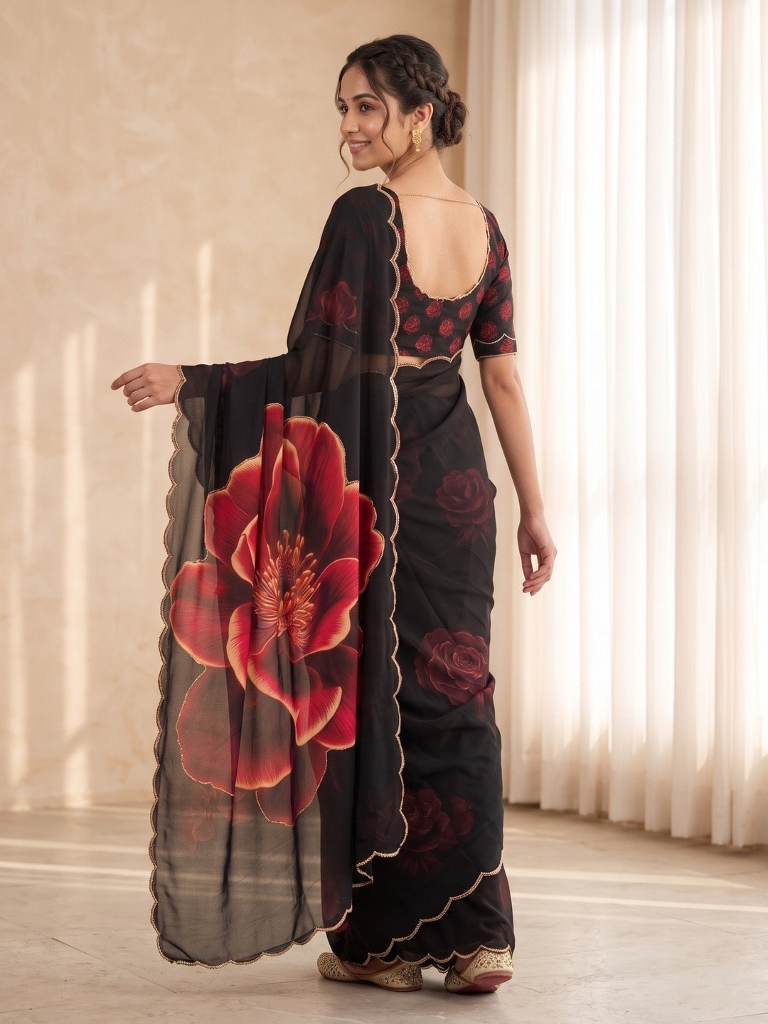 Peachmode Black Red Rose Weightless Georgette Digital Printed Saree With Cut Dana Work - Image 4