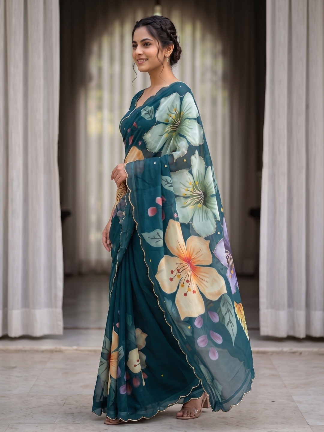 Peachmode Teal Lily Floral Weightless Georgette Digital Printed Saree With Cut Dana Work - Image 2