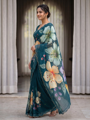 Peachmode Teal Lily Floral Weightless Georgette Digital Printed Saree With Cut Dana Work - Image 2