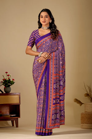 Peachmode Purple Ajrakh Digital Printed Crepe Saree With Mirror Work - Image 1