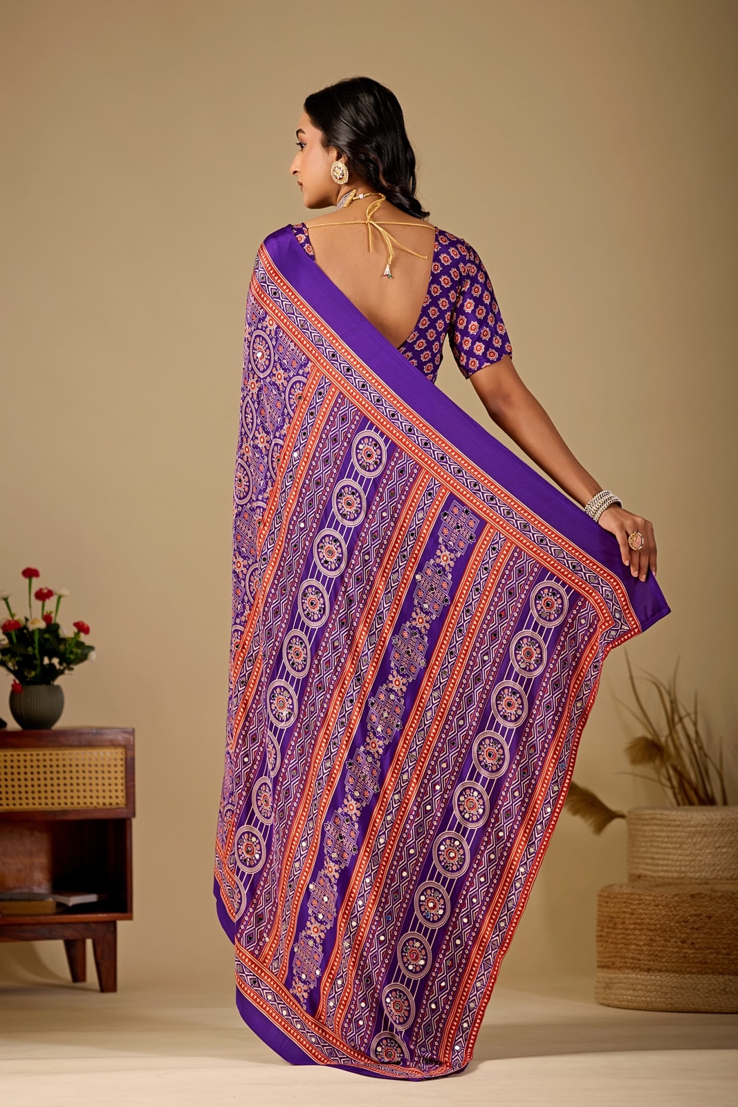 Peachmode Purple Ajrakh Digital Printed Crepe Saree With Mirror Work - Image 3