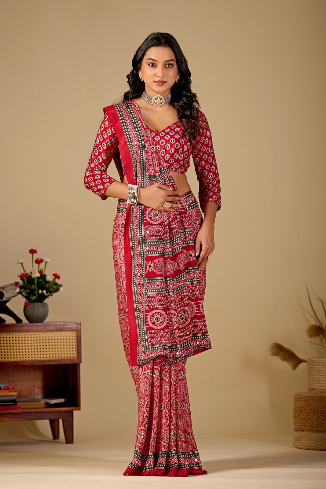 Peachmode Rani Pink Ajrakh Digital Printed Crepe Saree With Mirror Work - Image 2