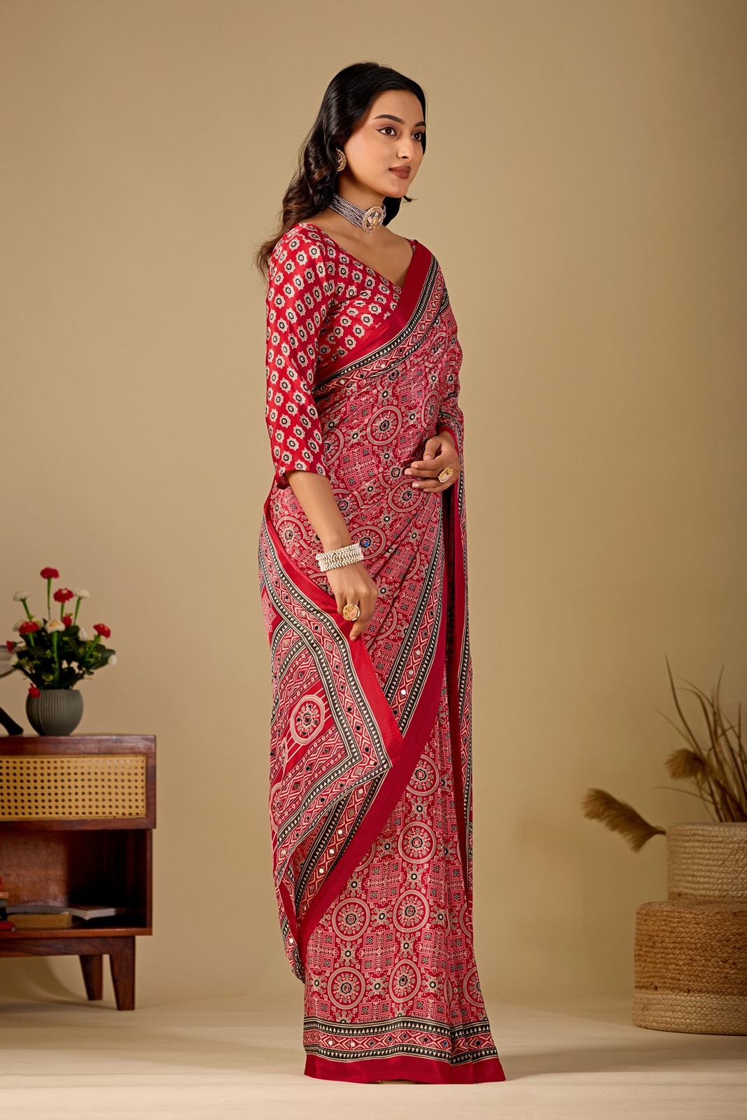 Peachmode Rani Pink Ajrakh Digital Printed Crepe Saree With Mirror Work - Image 4